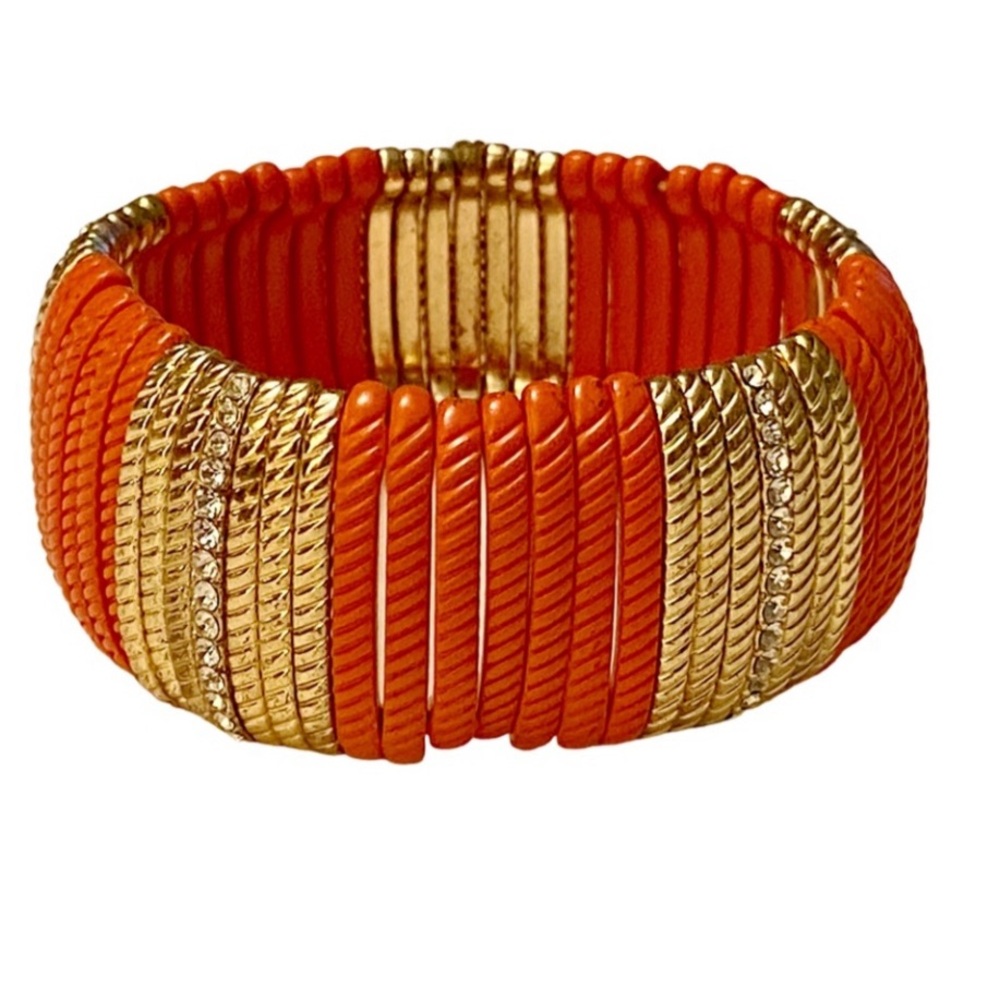 3 items-Orange&Gold Bracelets plus Orange/Yellow/Pink Beaded Hoop Earrings - Picture 2 of 6